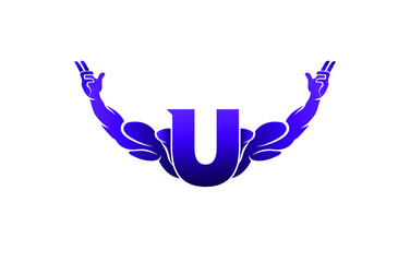 Letter U Logo With muscular open bicep shape. Fitness Gym logo.