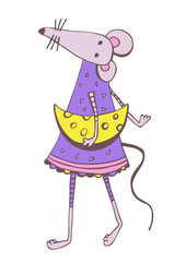 Children animal jpg image. Digital abstract hand drawn art. Cartoon character funny mouse with cheese isolated on white background. Design template for textile print, interior poster, card. 