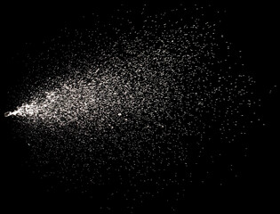 Sprayed water. Splashes and drops of water isolated on black background.