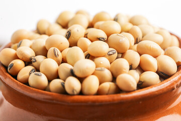 Dry soybean seed in bowl on white background.
