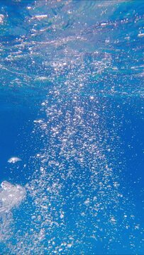 VERTICAL VIDEO: Slow motion of air bubbles floating to the water surface from sea bottom. Air bubbles up in the blue water on surface. Natural background, underwater shot