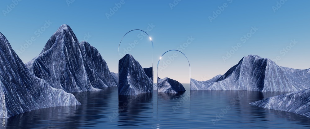 Poster 3d rendering. abstract surreal seascape background with rocky mountains and mirror arches. panoramic