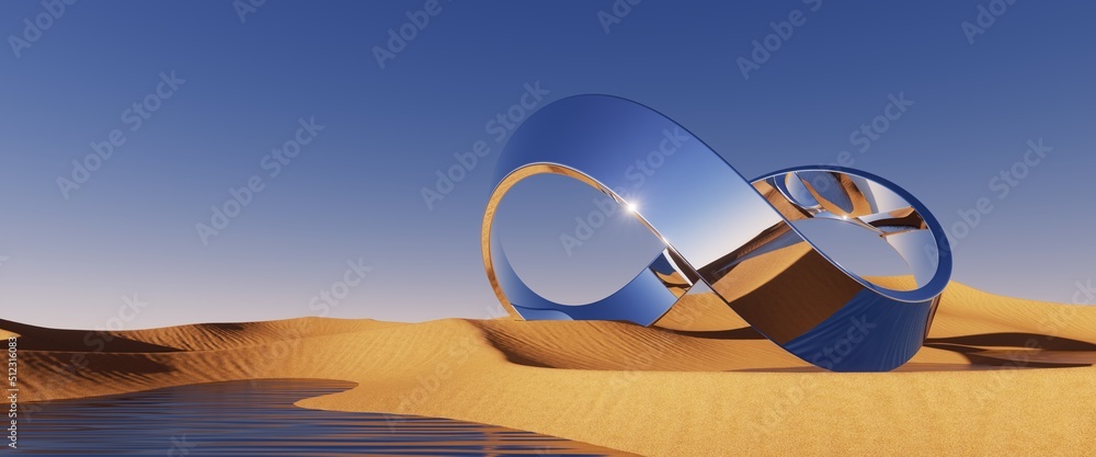 Poster 3d render, abstract desert background with metallic mirror geometric loop shape. futuristic aestheti