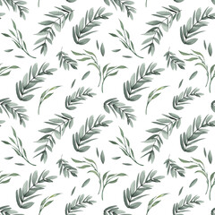 Seamless pattern with green leaves and branches. Watercolor illustration on white background.