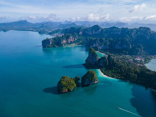 Railay Beach Krabi Thailand, the tropical beach of Railay Krabi, panoramic view of idyllic Railay...