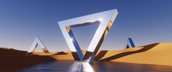 3d render, abstract fantastic background. Desert landscape with sand water and glossy metallic triangles under the clear blue sky - obrazy, fototapety, plakaty