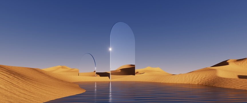 3d render, abstract fantastic background. Desert landscape with sand water and mirror arches under the clear blue sky