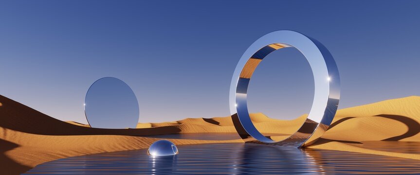 3d render, abstract fantastic panoramic background with round mirror geometric shapes among the desert sand dunes. Landscape under the clear blue sky. Modern minimal aesthetic wallpaper