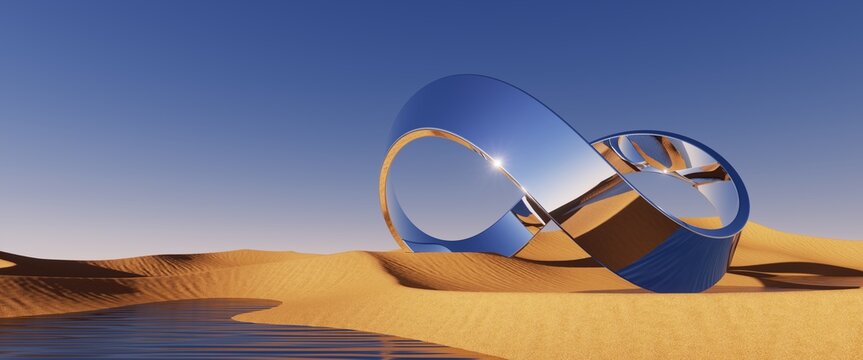 3d render, abstract desert background with metallic mirror geometric loop shape. Futuristic aesthetic wallpaper
