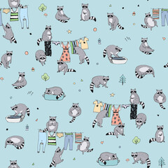 Raccoon forest animal vector seamless pattern © GooseFrol