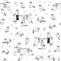 Raccoon forest animal vector seamless pattern
