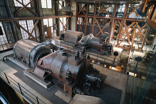 ISTANBUL, TURKEY, MAY 11, 2022: Turbine hall detail from SantralIstanbul Energy Museum,  formerly the first power station of the Ottoman Empire, situated inside Istanbul Bilgi University campus.