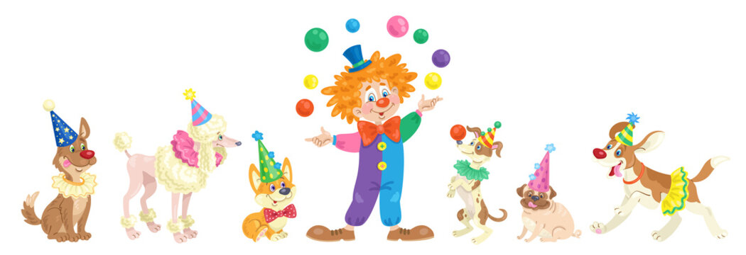 Funny clown juggler with a group of cute circus dogs. In cartoon style. Isolated on white background. Vector illustration.