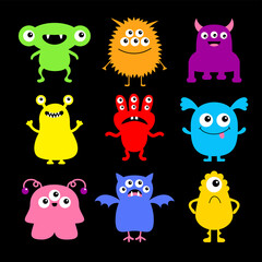 Happy Halloween. Monster icon set. Kawaii cute cartoon funny baby character. Sticker print. Colorful silhouette. Eyes, horn, fang teeth tongue, wing. Flat design. Black background.