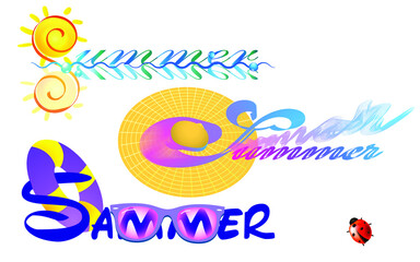 Fototapeta na wymiar Multicolored lettering SUMMER with hat , sun and sky.