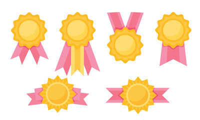 Collection quality guarantee gold medal with pink ribbon. Rosette hight quality mark award. Trophies with ribbon. Vector illustration in flat style isolated on white background