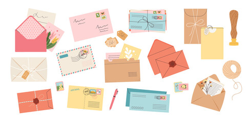 Collection of various vector envelopes with postage stamps, postcards. A set of different envelopes made of kraft paper, sealing wax, printing. Envelopes isolated on a white background