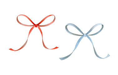 Blue and red ribbon bows. Watercolor illustration isolated on white.