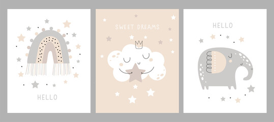 Cute baby card set, posters with bunny, elephant, moon. For baby room, greeting cards and baby t-shirts. Vector illustrations - 512318279