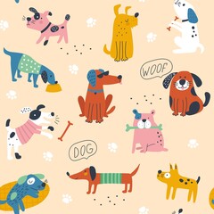 Seamess pattern with cute dogs. Vector illustrations