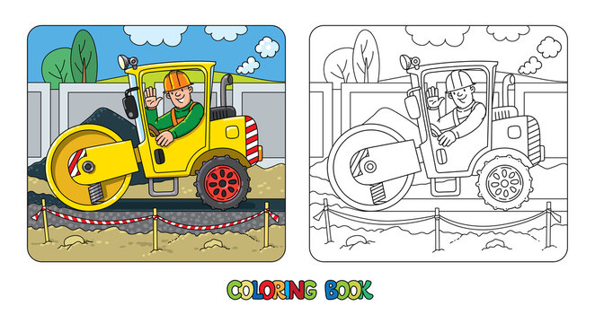 Asphalt compactor with a driver. Coloring book