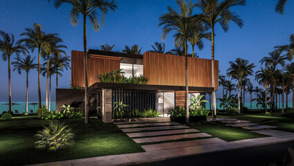 Fototapeta na wymiar 3d rendering of modern cozy house with parking and pool for sale or rent with wood plank facade by the sea or ocean. Starlight night by the azure coast with palm trees and flowers in tropical island