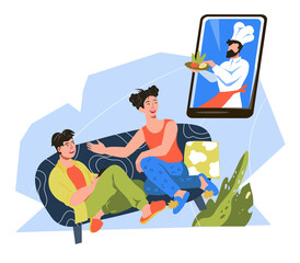 Takeout restaurant food delivery and takeaway services banner template with people making meal order from home, flat vector illustration isolated on white.