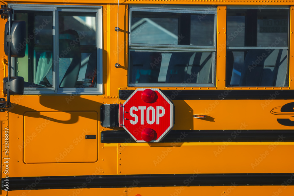 Wall mural close up of an octagon shaped red stop sign with signal lights on a school bus