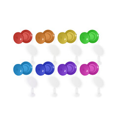 Set of push pins in different colors. Thumbtacks. Top view. Vector illustration. Isolated on white
