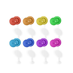 Set of push pins in different colors. Thumbtacks. Top view. Vector illustration. Isolated on white