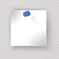 White paper note on blue thumbtack. Top view note, vector format