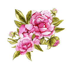 Bouquet of flowers from pink peonies watercolor 