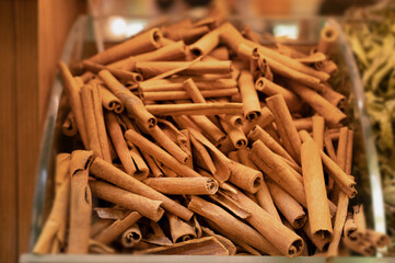 Brown cinnamon sticks , close-up. Spice background,texture.Copyspace