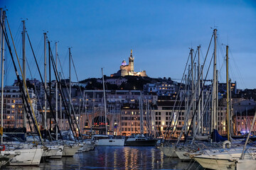 France. Bouche-du-Rhone (13) Marseille. Basilica Our Lady of the Guard and the old port at sunset