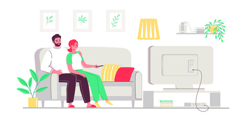 Couple watching TV on sofa. Married couple watches movie at home. Vector flat illustration