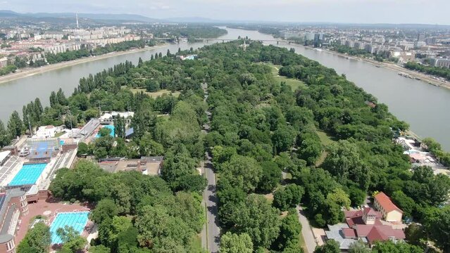 Drone over Margaret island (Margitsziget) in Budapest, Hungary