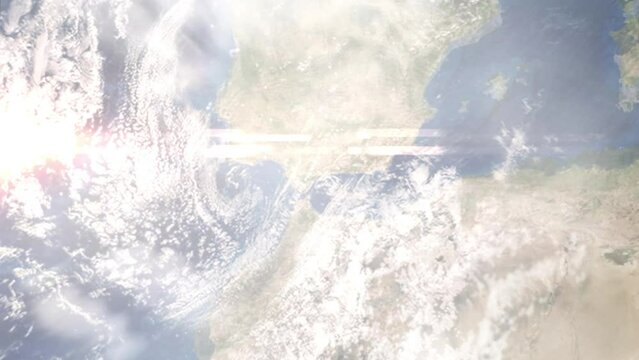 Earth zoom in from outer space to city. Zooming on Marbella, Spain. The animation continues by zoom out through clouds and atmosphere into space. Images from NASA
