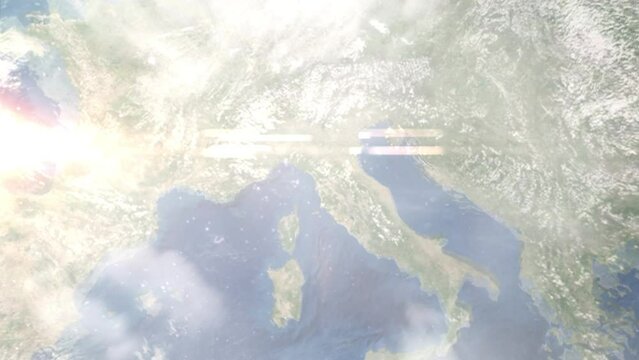 Earth zoom in from outer space to city. Zooming on Lucca, Italy. The animation continues by zoom out through clouds and atmosphere into space. Images from NASA