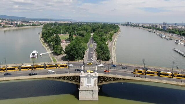 Aerial shot of Margaret bridge and Margaret island in Budapest, Hungary