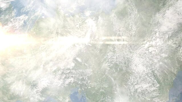 Earth zoom in from outer space to city. Zooming on Pardubice, Czech Republic. The animation continues by zoom out through clouds and atmosphere into space. Images from NASA