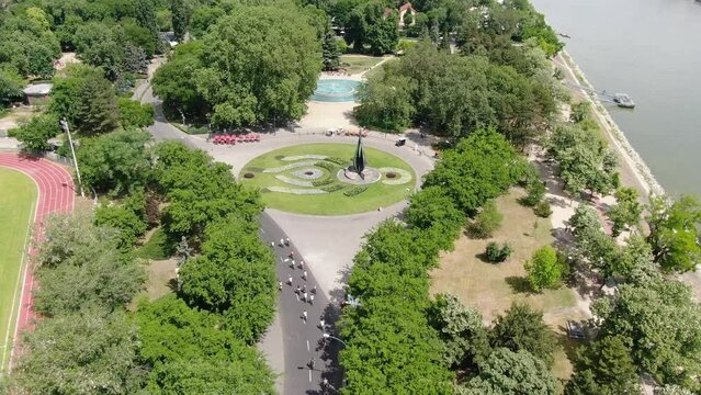 Aerial view of cyclists on Margaret island (Margitsziget) in Budapest, Hungary