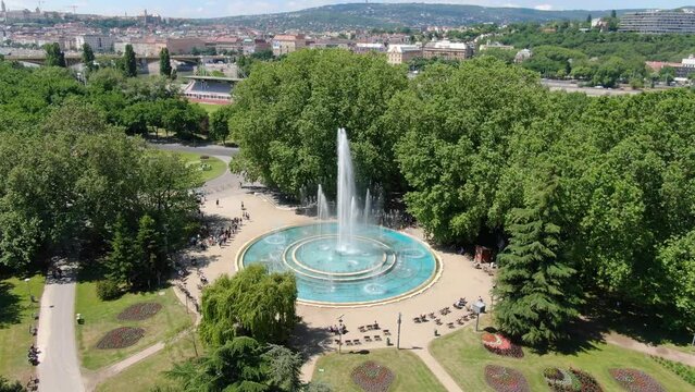 Aerial view of musical fountain on Margaret island in Budapest, Hungary