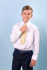Boy in white shirt and yellow tie (close-up) - obrazy, fototapety, plakaty