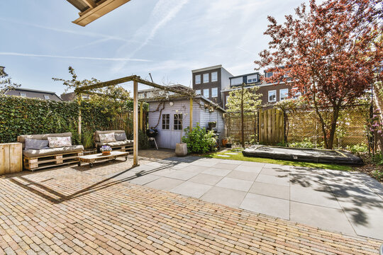 Neat patio with sitting area