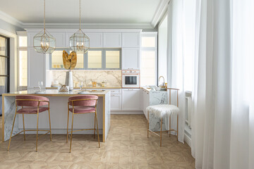 a close view of the white stylish kitchen with a cooking island in the luxurious interior of a modern apartment in light colors with stylish furniture.