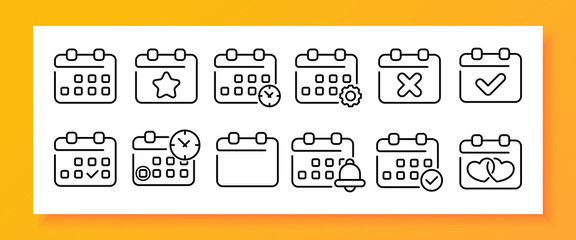 Calendar set icon. Clock, setting, gear, every day, tick, cross, anniversary, reminder, punctuality, bell, alarm clock. Date management concept. Vector line icon for Business and Advertising