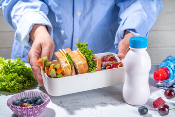 Back to school. Mother female hands making kids school lunch box with fresh fruits, berry, yogurt,...