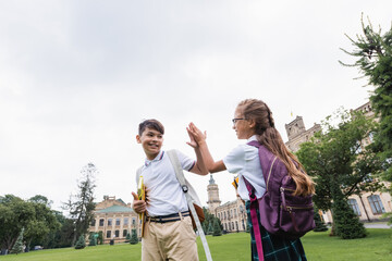 Obraz premium Smiling interracial schoolkids giving high five in park.
