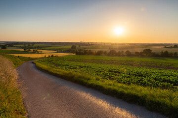 Fototapeta premium A golden sunset over the rolling hills of south Limburg in the Netherlands creating holiday vibes. The views and the warm glow over the landscape create a feeling of being in the Mediterranean.