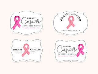 Breast cancer awareness ribbon logo in vintage label with watercolor stain brush background pink color.